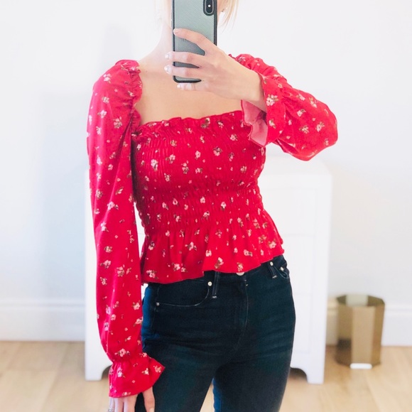 Long Sleeve Red Floral Print Ruffle Top - Picture 5 of 9